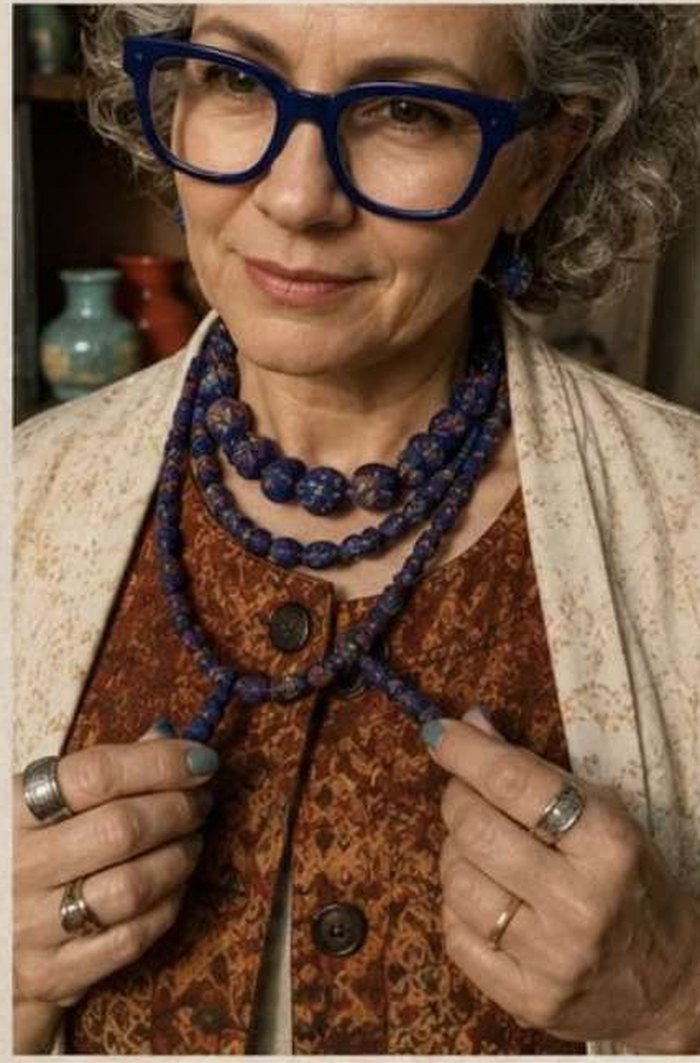 A Raw Twig neck piece worn over a printed vest