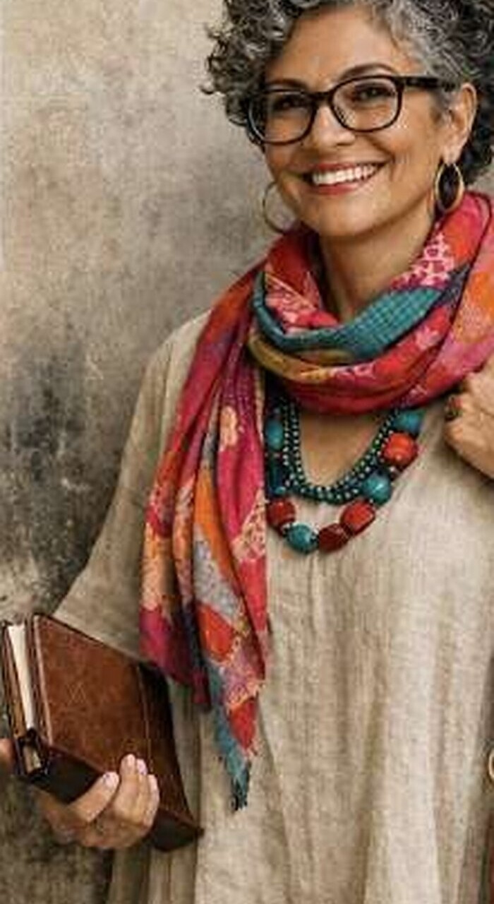A Raw Twig customer, styled in layered scarves and artisan accessories